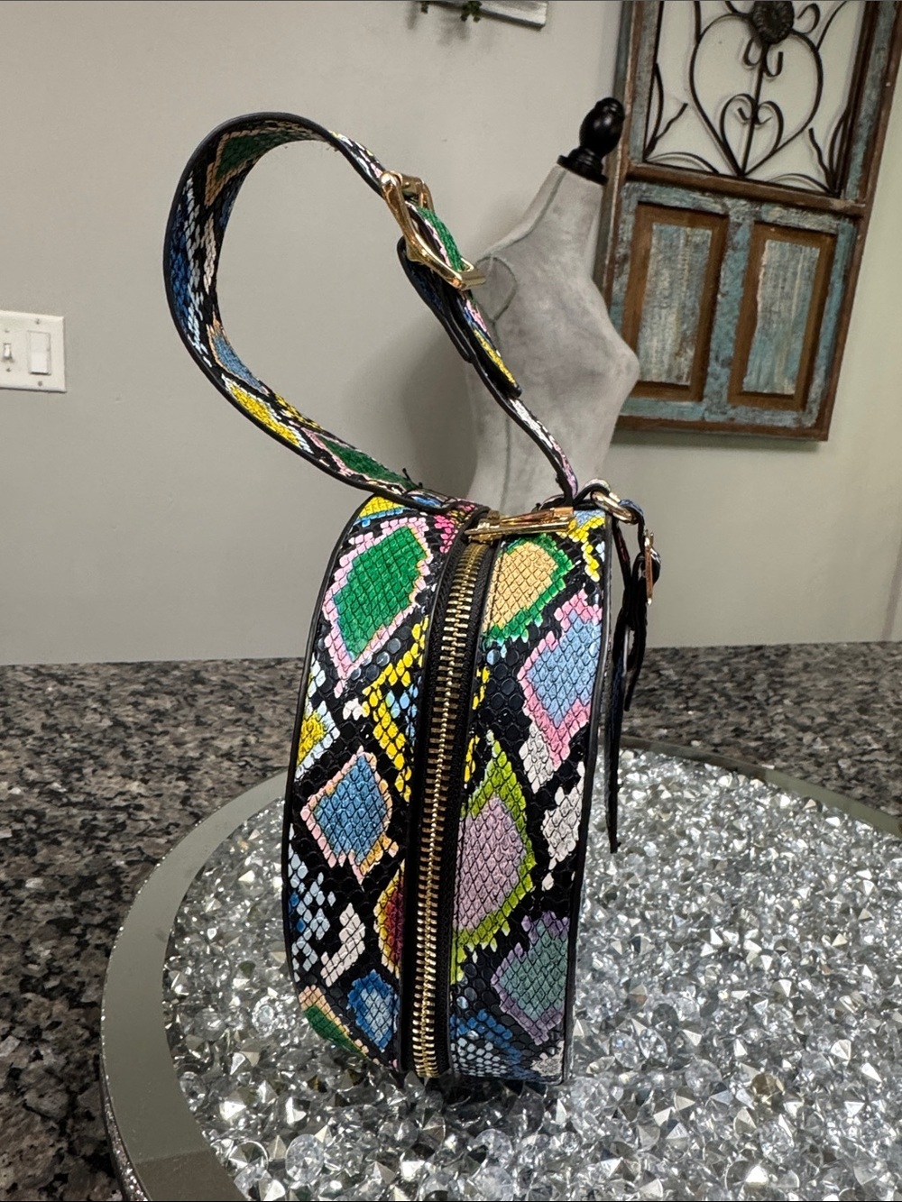 Multicolor Python-Print Round Wristlet mini Bag EUC - Picture 3 of 15